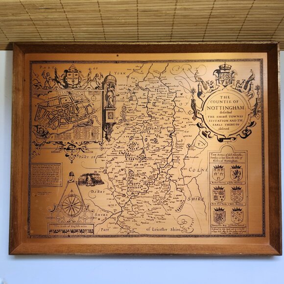 Coppercraft Nottingham County England Map Framed Copper 1620 Medieval Version - Picture 1 of 13
